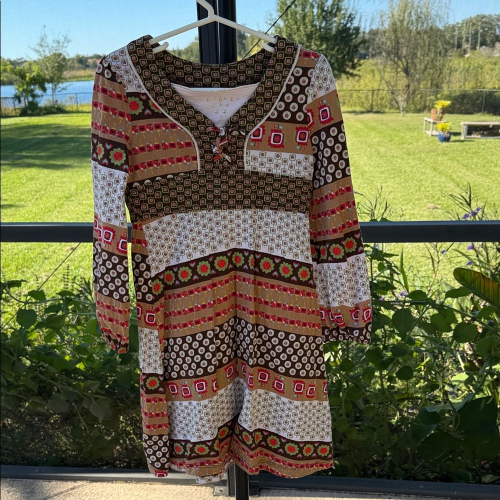 Place earth colors Brown and Red Patterned Kids Dress